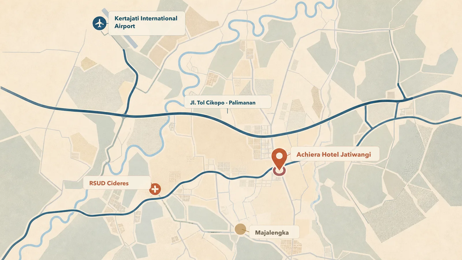 Illustrated map showing the route from Kertajati International Airport and the Cikopo–Palimanan toll road to Achiera Hotel Jatiwangi, with RSUD Cideres and Majalengka marked nearby.