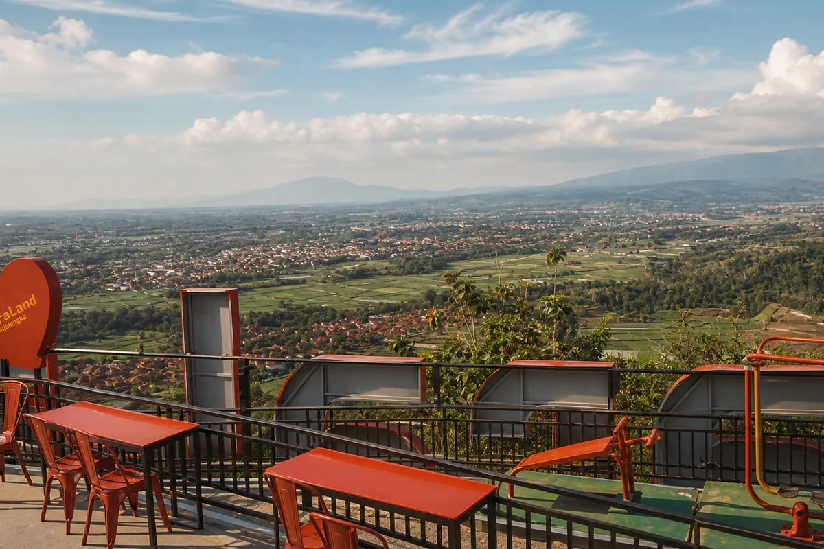 Red tables and benches on a hilltop terrace at ParaLand, looking out over the Majalengka valley towards distant mountains.