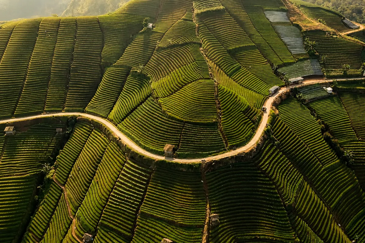 Aerial view of the Panyaweuyan terraces, curved bands of green vegetable beds wrapping the hillside with a road threading between them.