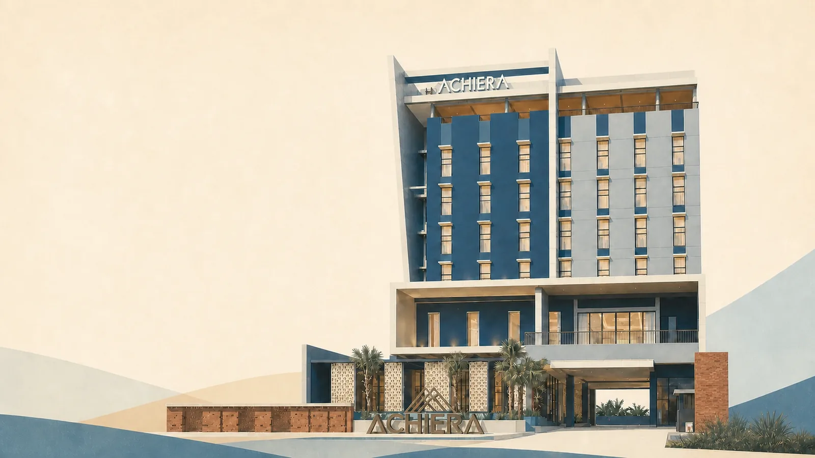 Achiera Hotel Jatiwangi from the road: a tall grey block with a raking concrete blade at one corner, the lit ACHIERA sign on the roof, and a perforated terracotta screen wall running along the street.