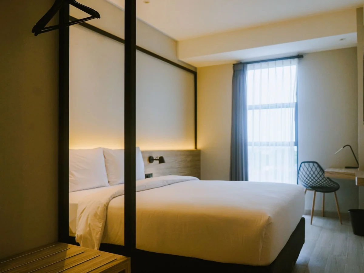 A Superior room: double bed against the panelled headboard, full-width desk and chair under the window.